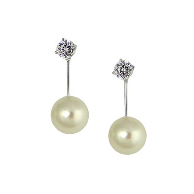 Sterling Silver Earring 6mm+12mm Clear Cubic Zirconia/ White Faux Pearl