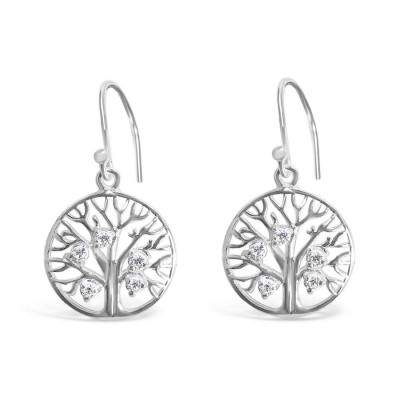 Sterling Silver Earring Clear Cubic Zirconia Plain Tree of Life in Circle