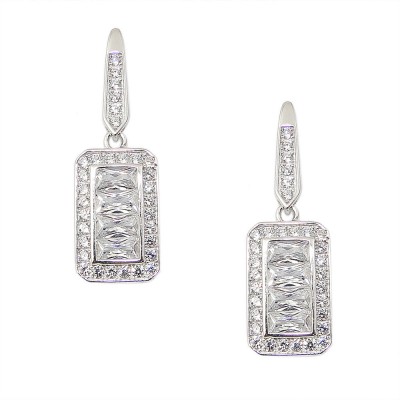 SS Earring Clear Cz Baguette Dangling Rectangle, Clear