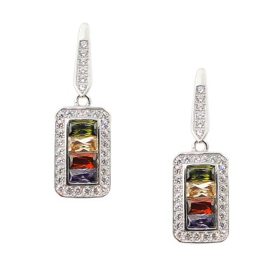 SS Earring Multi Color Baguette In Rectangle Dangl, Multicolor