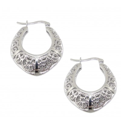 SS Earring Open Puffy Filigree Hoop With Latch Bac, Silver