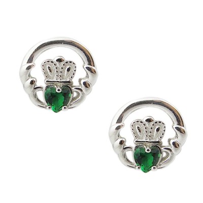 SS Earring Claddagh With Emerald Cz Heart, Silver