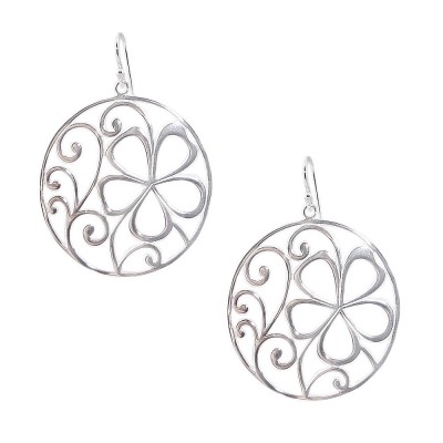 SS Earring 38Mm Open Circle With Flower And Swirl, Silver