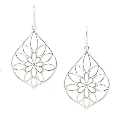 SS Earring Plain Open Teardrop With Flower Motif, Silver