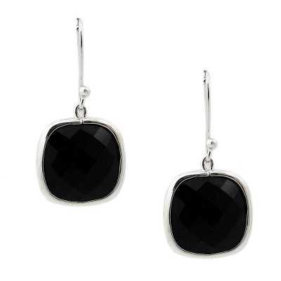 SS Earring Dangling Cushion Chess Cut Onyx, Silver