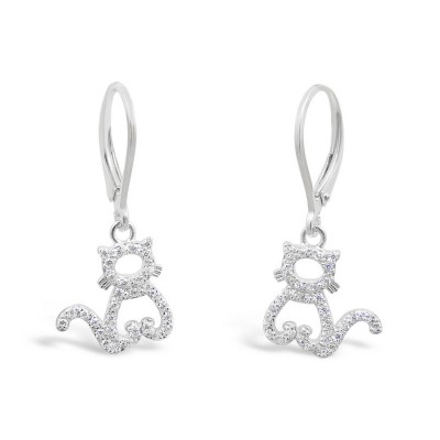 STERLING SILVER EARRING CLEAR CUBIC ZIRCONIA CAT WITH LEVER BACK