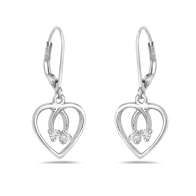 STERLING SILVER EARRING OPEN HEART WITH 2 ROUND CLEAR CUBIC ZIRCONIA MIDDL