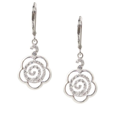 STERLING SILVER EARRING OPEN FLOWER WITH CLEAR CUBIC ZIRCONIA LEVER BACK
