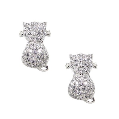 STERLING SILVER EARRING CLEAR CUBIC ZIRCONIA PAVE CAT STUD