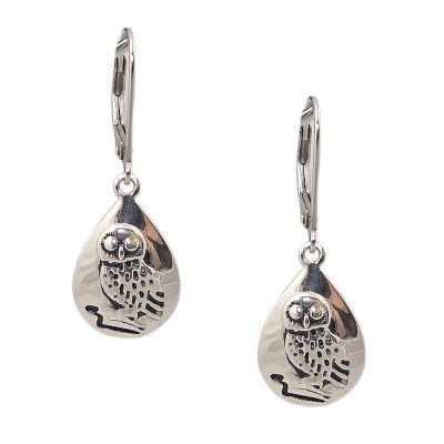STERLING SILVER EARRING OXIDIZED OWL ON PLAIN DOME TEARDROP