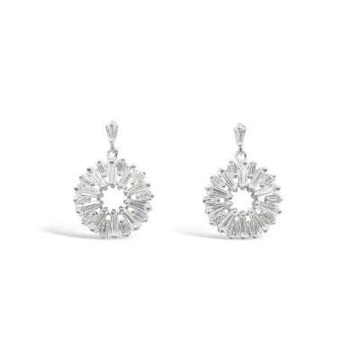 STERLING SILVER EARRING ROUND CLEAR CUBIC ZIRCONIA BAGUETTE