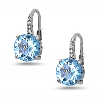 STERLING SILVER EARRING 8MM AQUA GLASS (#J12) ON CUBIC ZIRCONIA LEVER BACK