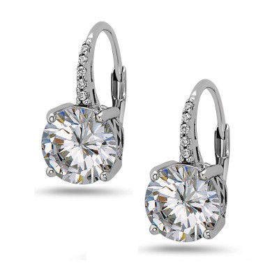 STERLING SILVER EARRING 8MM CLEAR CUBIC ZIRCONIA ON CUBIC ZIRCONIA LEVER BACK