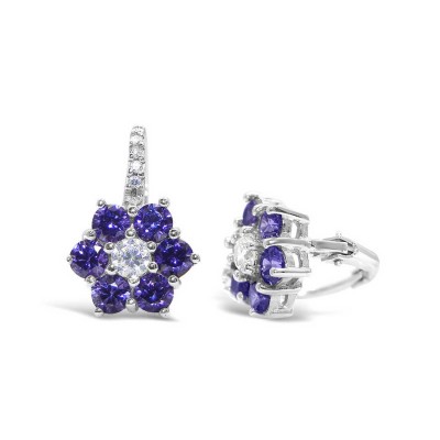 STERLING SILVER EARRING CENTER CLEAR CUBIC ZIRCONIA FLOWERS AMETHYST CUBIC ZIRCONIA