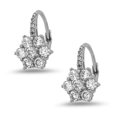 STERLING SILVER EARRING CLEAR CUBIC ZIRCONIA FLOWER ON CUBIC ZIRCONIA LEVER BACK