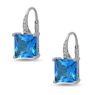 STERLING SILVER EARRING 8X8MM SQUARE BLUE#108 ON CUBIC ZIRCONIA LEVER BACK