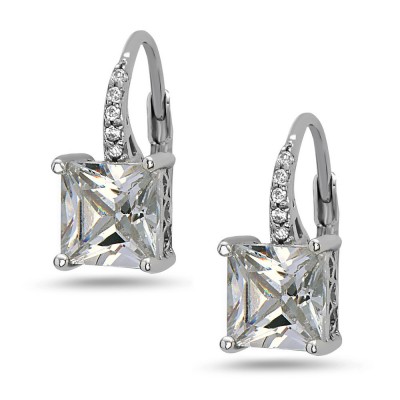STERLING SILVER EARRING 8X8MM SQUARE CLEAR CUBIC ZIRCONIA ON CUBIC ZIRCONIA LEVER BACK