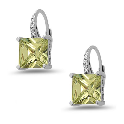 STERLING SILVER EARRING 8X8MM SQUARE APPLE GREEN ON CUBIC ZIRCONIA LEVER BA