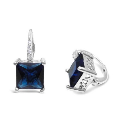 STERLING SILVER EARRING 8X8MM SQUARE SAPPHIRE GLASS