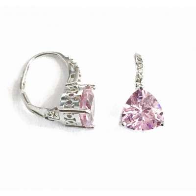 STERLING SILVER EARRING PINK CUBIC ZIRCONIA TRILLION ON CUBIC ZIRCONIA LEVER BACK