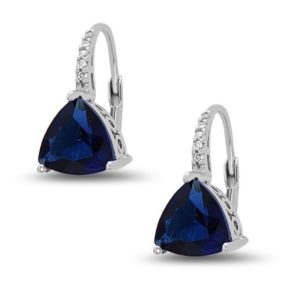 STERLING SILVER EARRING SAPPHIRE GLASS TRILLION ON CUBIC ZIRCONIA
