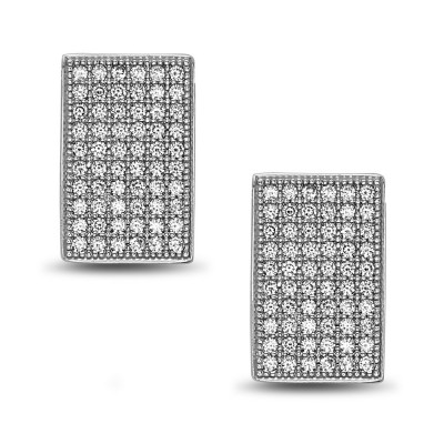 STERLING SILVER EARRING 10X16MM WAVY RECTANGLE MIRCO PAVE STUD