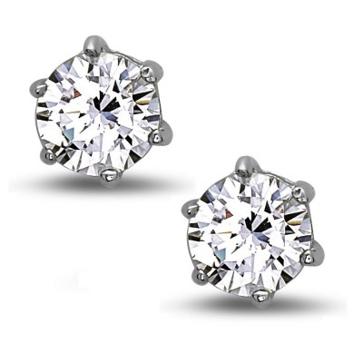 STERLING SILVER EARRING 6MM ROUND CLEAR CUBIC ZIRCONIA 6-PRONGS STUD