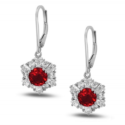 STERLING SILVER EARRING FLOWER BAGUETTE CLEAR RUBY GLASS CENTER