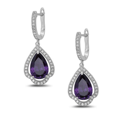 STERLING SILVER EARRING TEAR DROP AMETHYST CZ+CZ HOOP TOP