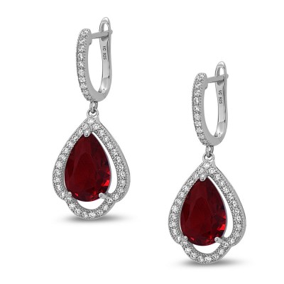 STERLING SILVER EARRING TEAR DROP RUBY GLASS+CZ HOOP TOP