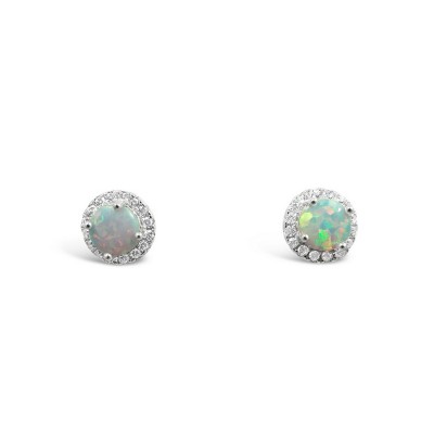 STERLING SILVER EARRING STUD WHITE SYNETHETIC OPAL ROUND