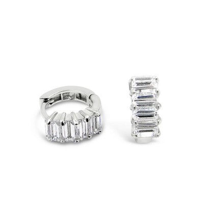STERLING SILVER EARRING 5 BAUGETTE CLEAR CUBIC ZIRCONIA HUGGIE