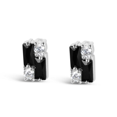 STERLING SILVER EARRING STUD RECTANGULAR BAUGETTE CLEAR CUBIC ZIRCONIA BK