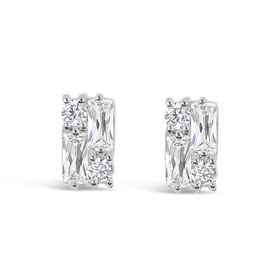 STERLING SILVER EARRING STUD RECTANGULAR BAUGETTE CLEAR CUBIC ZIRCONIA