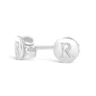 Sterling Silver Earring Stud Round Initial R Carved