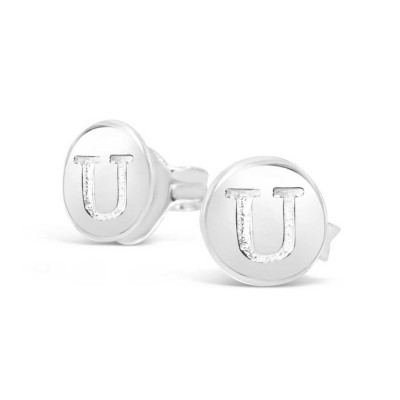 Sterling Silver Earring Stud Round Initial U Carved
