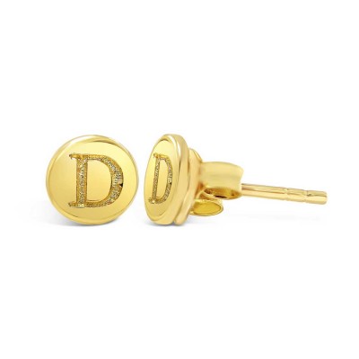 STERLING SILVER EARRING STUD ROUND INITIAL D CARVED-GOLD PLATED 6