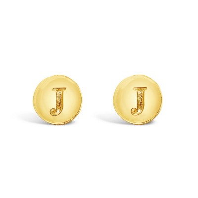 STERLING SILVER EARRING STUD ROUND INITIAL J CARVED-GOLD PLATED 6