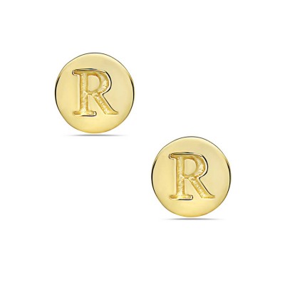 Sterling Silver Earring Stud Round Initial R Carved-Gold Plated