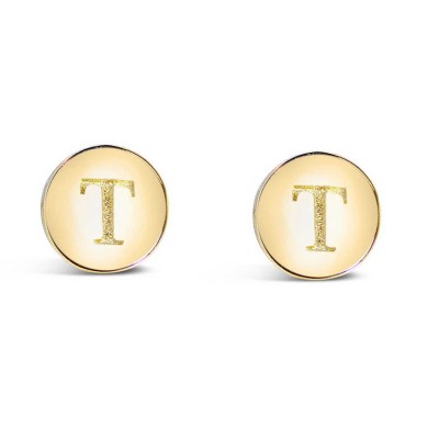 STERLING SILVER EARRING STUD ROUND INITIAL T CARVED-GOLD PLATED 6