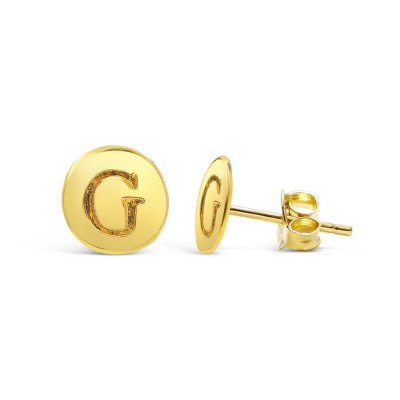 STERLING SILVER EARRING STUD ROUND INITIAL G CARVED-GOLD PLATED