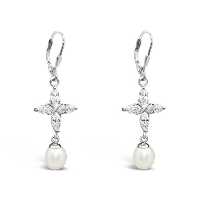 STERLING SILVER EARRING CROSS TOP FRESH WATER PEARL DROP