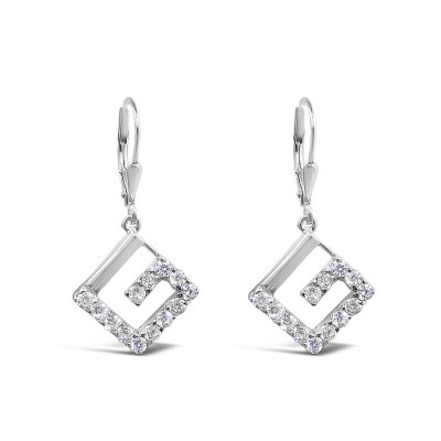 STERLING SILVER EARRING GREEK KEY CLEAR CUBIC ZIRCONIA +LEVERBACK