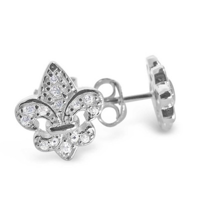 Sterling Silver Earring Fleur-De-Lis Clear Cubic Zirconia Stud