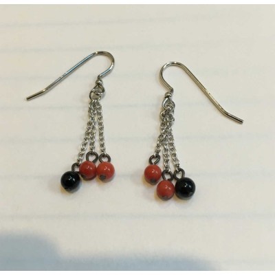 Sterling Silver Earring Linear Drop With Coral Beads And Onyx B
