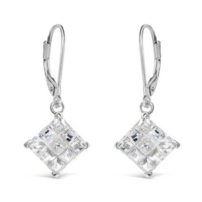 Sterling Silver Earring 9 Mm Square Cut Tic Tac Toe Clear Cubic Zirconia Da