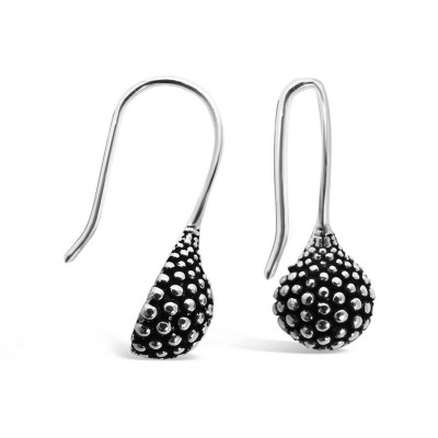 Sterling Silver Earring Round Dome Oxidized Beaded Texture Long