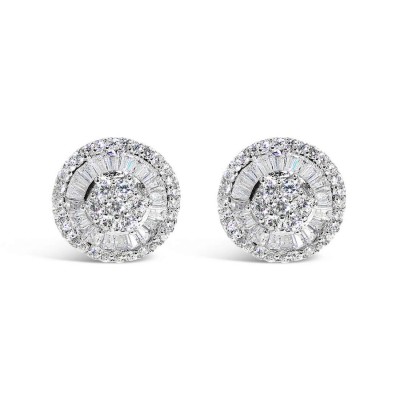 Sterling Silver Earring Stud Round Baguette Radiating Small Cubic Zirconia
