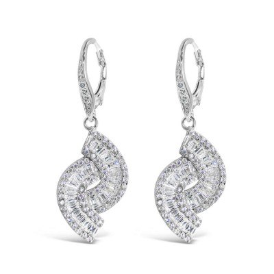 Sterling Silver Earring Dangling Hugging Wavyline Baguette Cubic Zirconia W