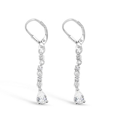 Sterling Silver Earring Linear Clear Cubic Zirconia Tear Drop Leverback